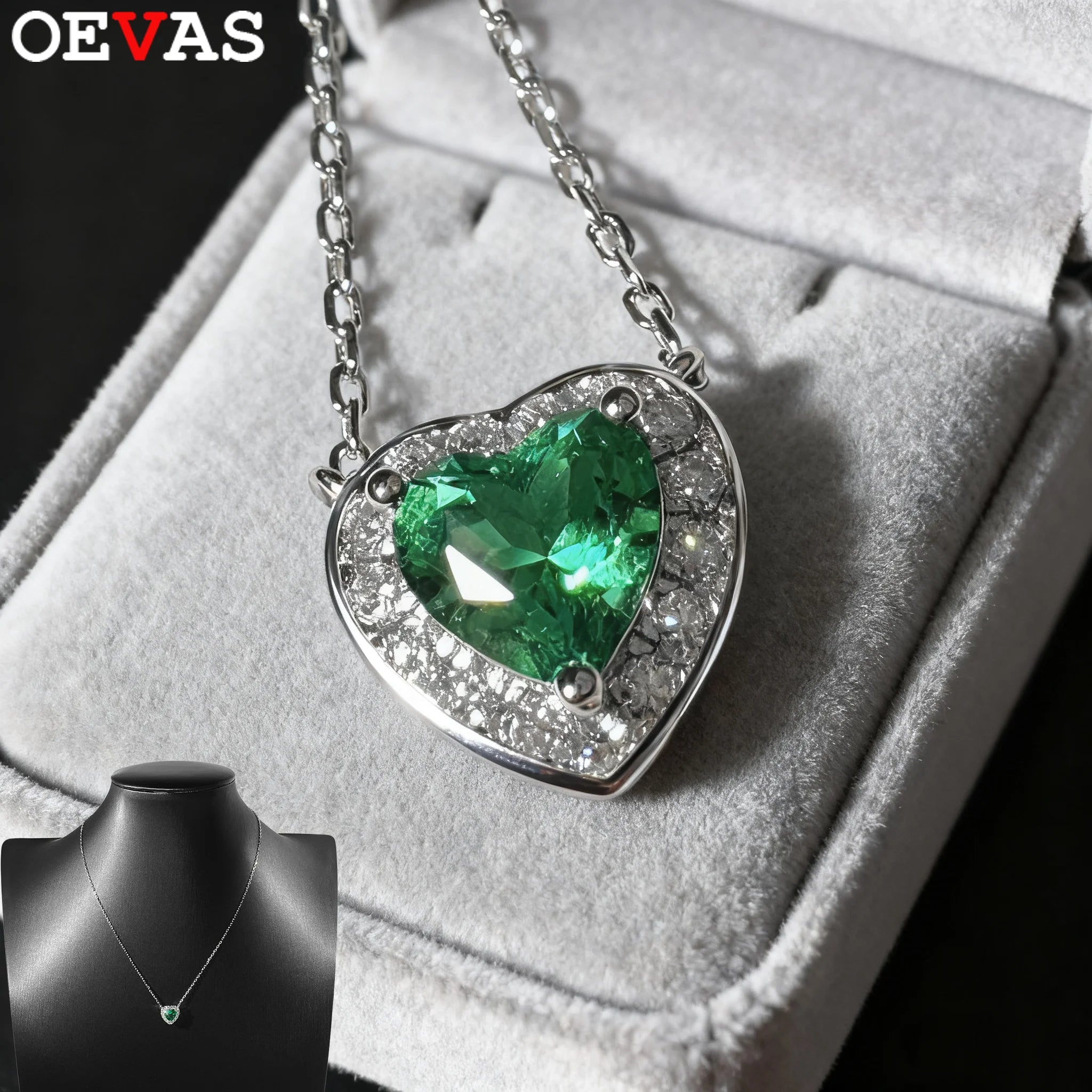 OEVAS 1CT 6.5mm Heart Cut Lab Grown Colombian Emerald Necklace for Women-losil