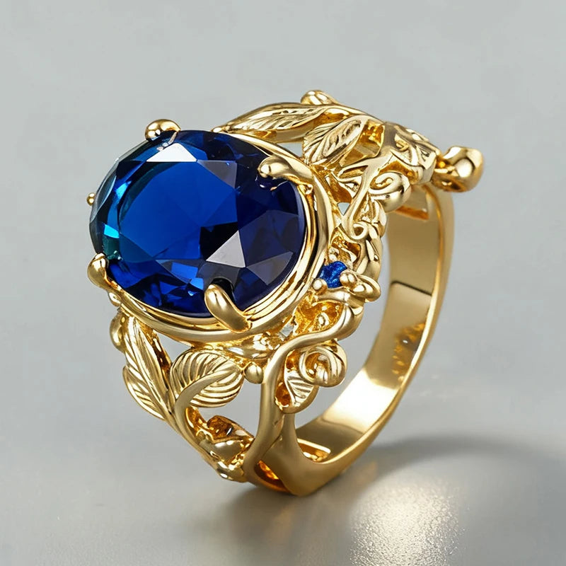 Huitan Creative Blue Cubic Zirconia Rings for Women Stylish Noble Leaf Design-losil
