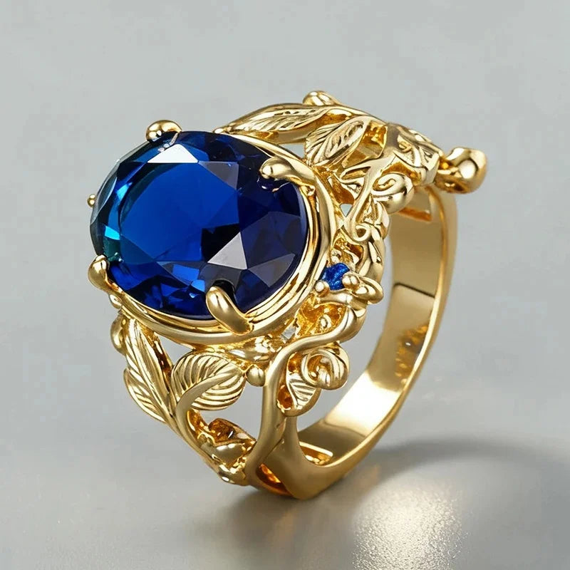 Huitan Creative Blue Cubic Zirconia Rings for Women Stylish Noble Leaf Design-losil