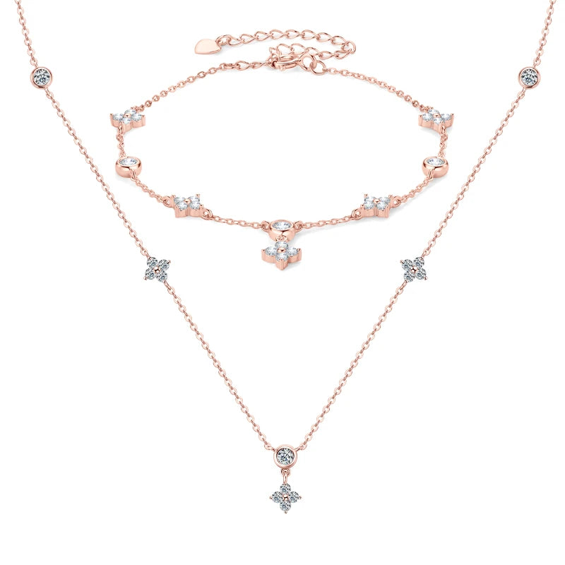 925 Silver Clover Flower Jewelry Sets for Women Moissanite Pendant Necklace Earrings-losil