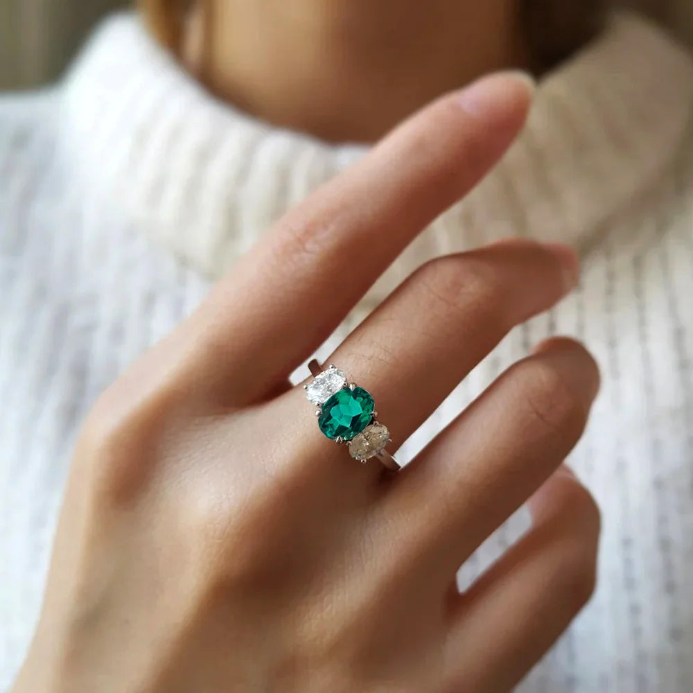 OEVAS 2/4CT Lab Grown Colombian/Zambian Emerald Ring for Women S925 Silver Oval-losil