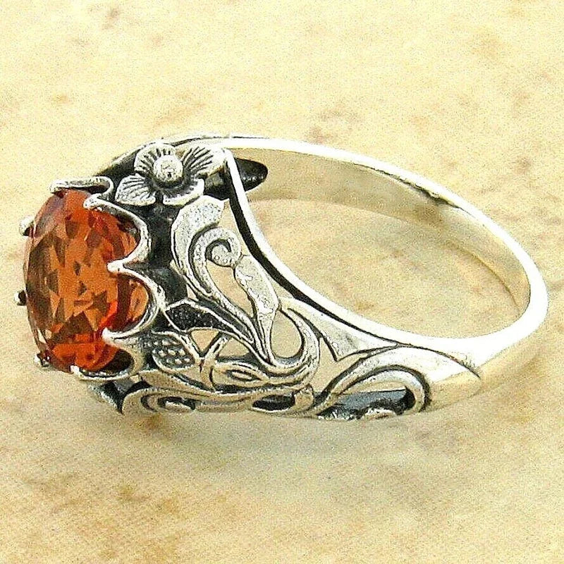 Huitan Bright Orange CZ Women Rings Aesthetic Flower Leaf Hollow Pattern Anniversary-losil