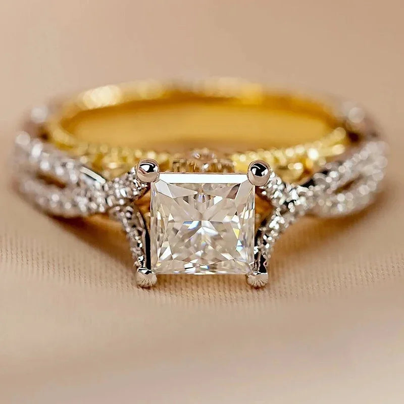 Huitan Exquisite Luxury Princess Square Cubic Zirconia Rings for Women Elegant Two-tone-losil