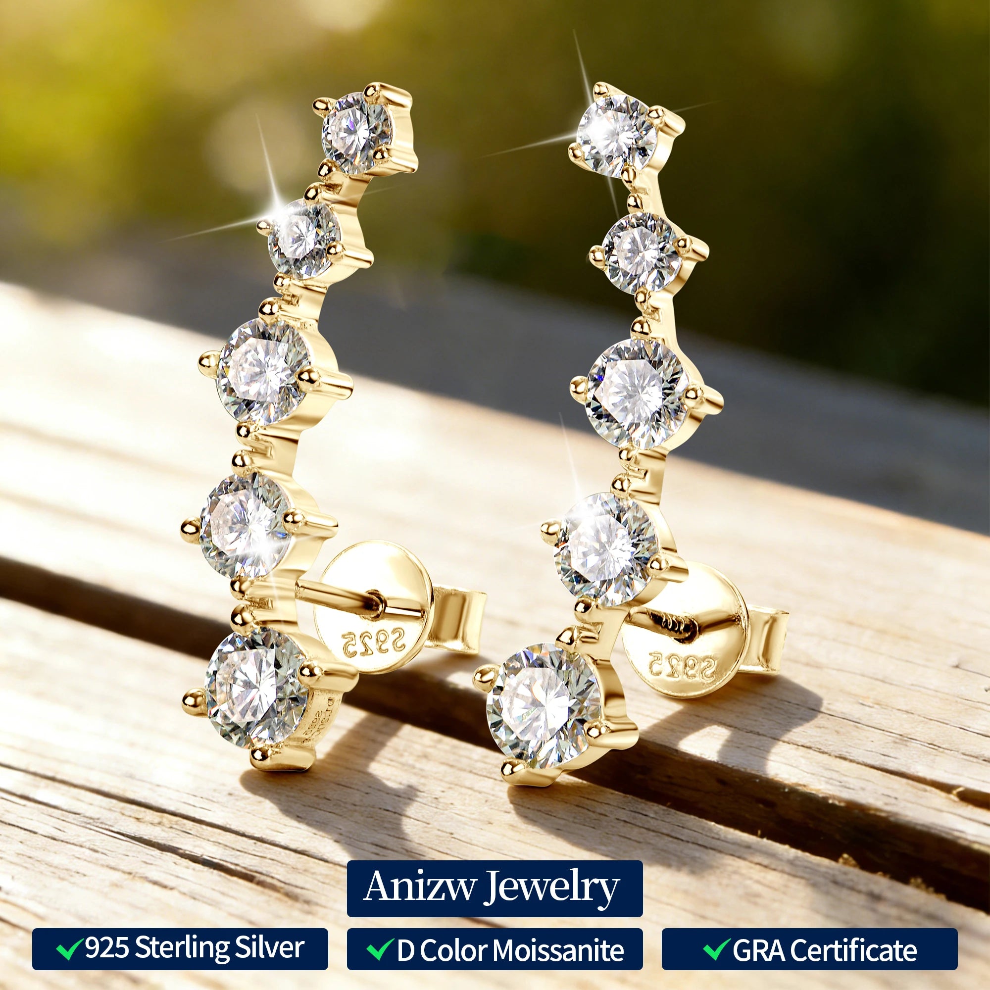 Anziw 4.5mm&4mm&3mm All Moissanite Earrings Climber for Women Men 925 Silver Stud-losil
