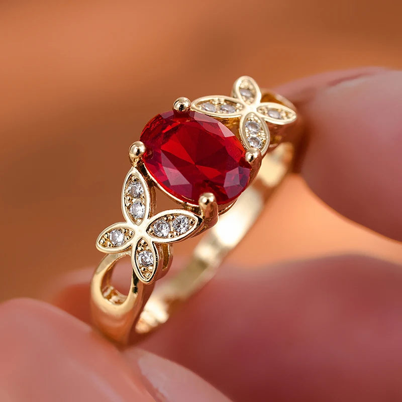 Huitan Bright Red Cubic Zirconia Butterfly Rings for Women Gold Color Luxury-losil