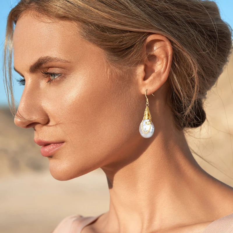 Anziw Natural Large Baroque Pearl Drop Earrings 925 Silver Handmade Wire Wrap-losil