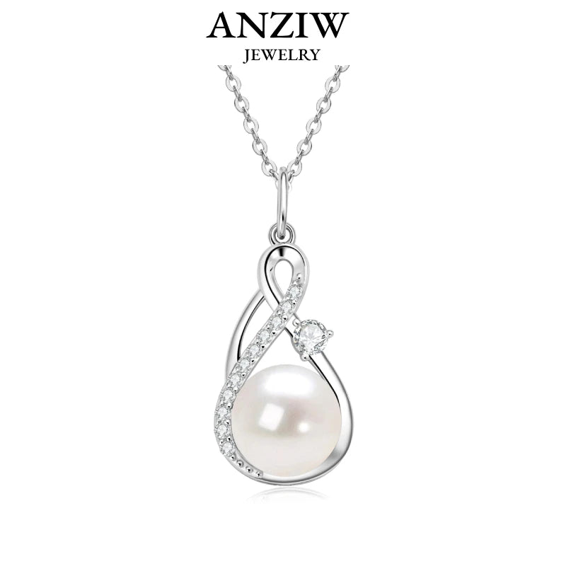Anziw 10mm Freshwater/Tahitian Black Pearl Moissanite Infinity Pendant Necklace Silver 925 Wedding-losil