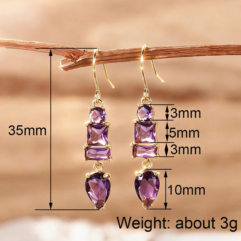 Huitan Charming Geometric Purple Cubic Zirconia Dangle Earrings for Women Exquisite Female-losil