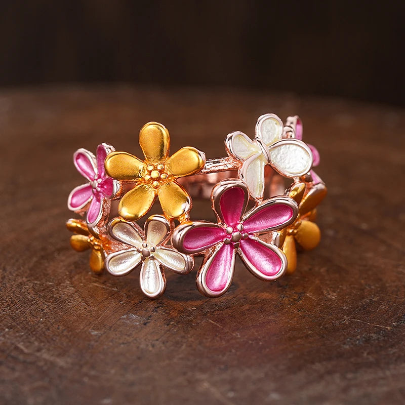 Huitan Colorful Flower Butterfly Enamel Finger Ring for Women Rose Gold Color-losil