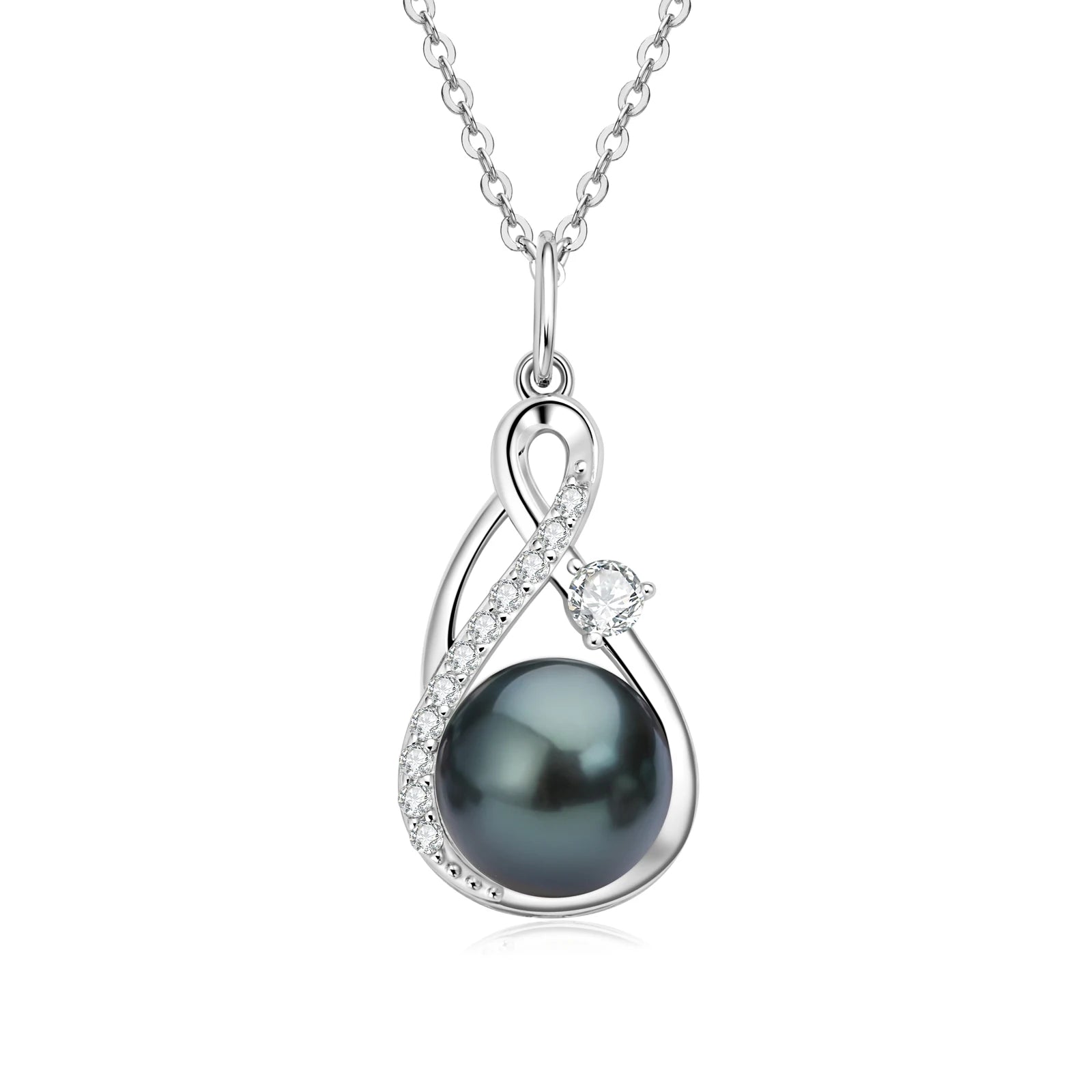 Anziw 10mm Freshwater/Tahitian Black Pearl Moissanite Infinity Pendant Necklace Silver 925 Wedding-losil