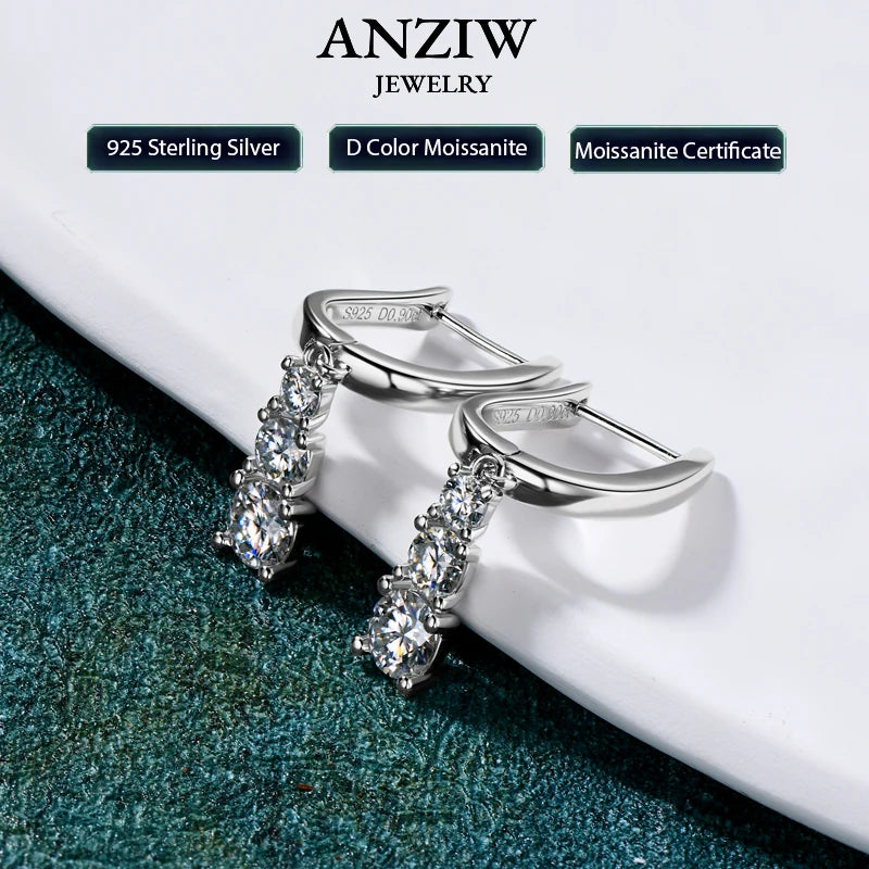 Anziw Three Stone Trilogy Clip Earrings 925 Sterling Silver 1.8CTW. Moissanite Pendant-losil