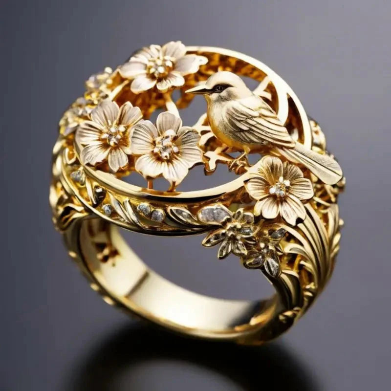 Huitan Hollow Flower Bird Design Gold Color Rings for Women Fancy Wedding-losil