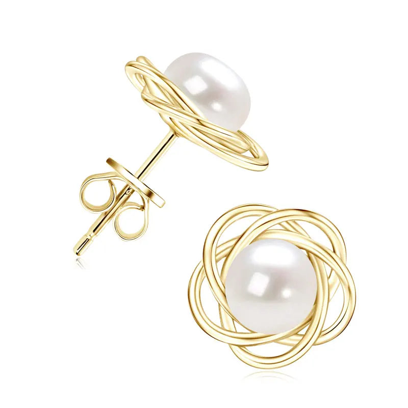 Anziw 100% 925 Sterling Silver 6.5-7mm Natural Freshwater Pearl Flower Stud Earrings-losil