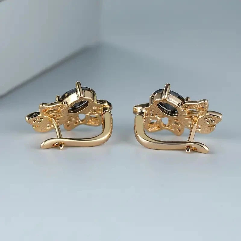 Huitan Oval Black Stone Flower Shaped Hoop Earrings for Women Luxury Wedding-losil