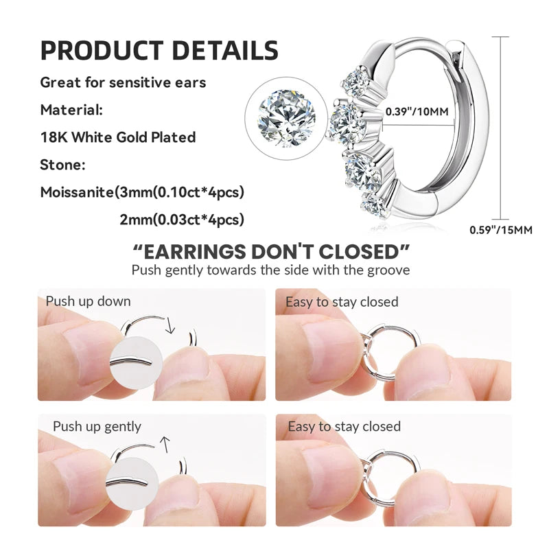Anziw 925 Sterling Silver 4 Stones Moissanite Irregular Hoops Huggie Earrings for-losil