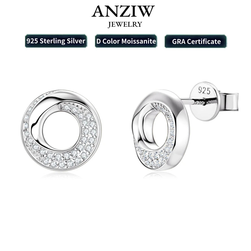 Anziw Doughnut Circle D Color Moissanite Stud Earrings for Women Men Real-losil