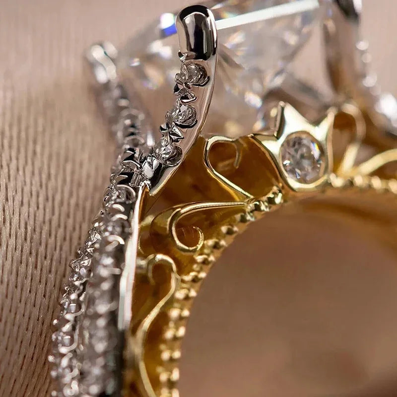 Huitan Exquisite Luxury Princess Square Cubic Zirconia Rings for Women Elegant Two-tone-losil
