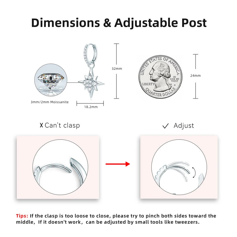 Anziw 100% 925 Silver Jewelry Charm Guide Star Drop Earrings Moissanite Piercing-losil
