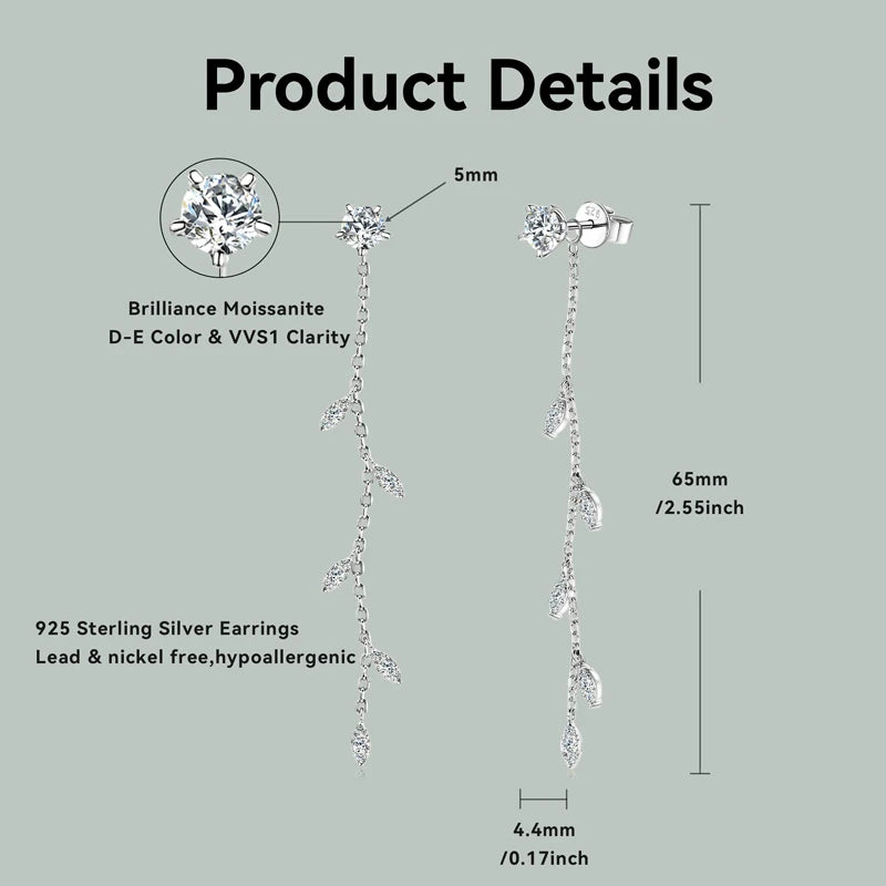 Anziw Leaf Dangle Long Drop Earrings Silver 925 for Women Real Moissanite-losil