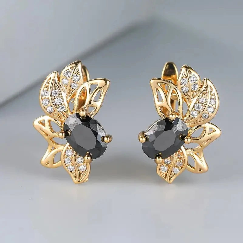 Huitan Oval Black Stone Flower Shaped Hoop Earrings for Women Luxury Wedding-losil