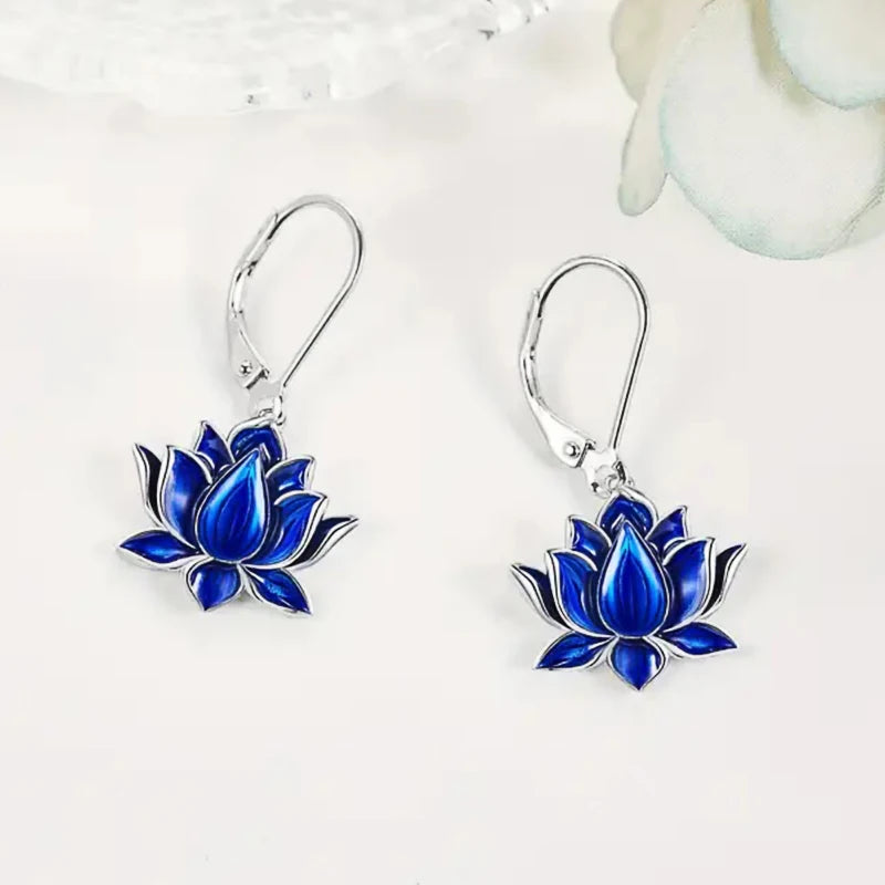 Huitan Chic Blue Lotus Pendant Earrings for Women Fashion Personality Accessories for-losil
