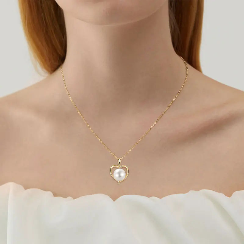 Anziw 925 Sterling Silver 11-12mm Natural Freshwater Pearl Heart Pendant Necklace for-losil