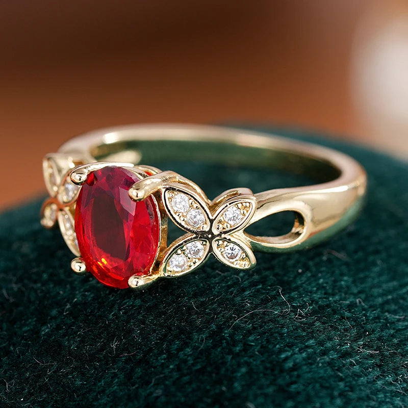Huitan Bright Red Cubic Zirconia Butterfly Rings for Women Gold Color Luxury-losil