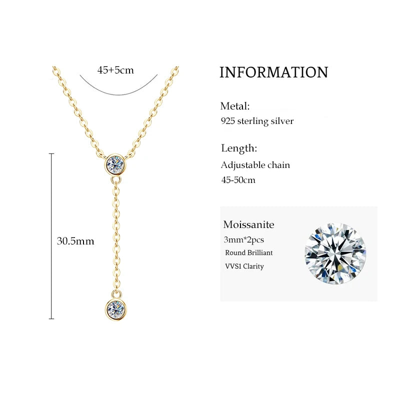 Anziw D1.30CT D Moissanite Pendant Y Shaped Necklace for Women 925 Sterling-losil