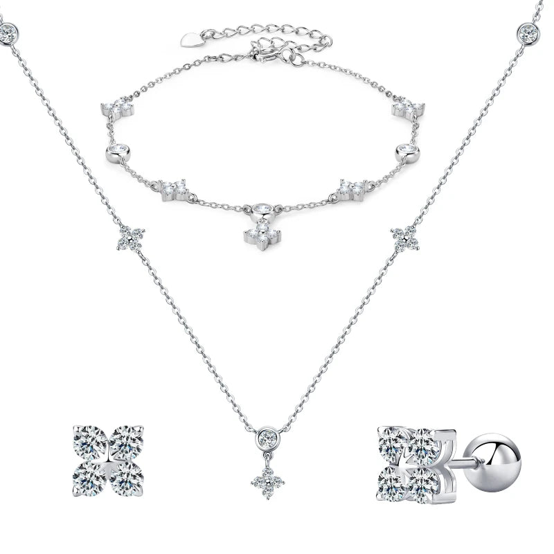 925 Silver Clover Flower Jewelry Sets for Women Moissanite Pendant Necklace Earrings-losil