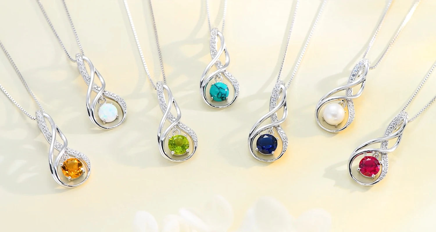 12 Birthstone Infinity Pendant Necklace for Women 925 Silver Colorful Gemstone 6.5mm-losil