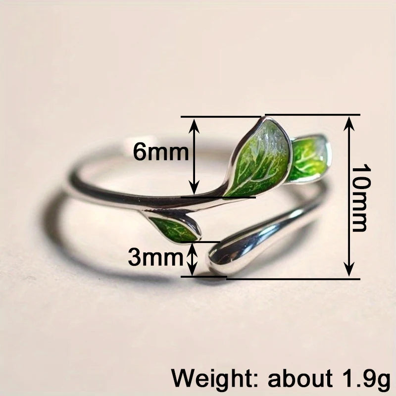 Huitan Fresh Style Green Leaf Opening Rings for Women Silver Color Exquisite-losil