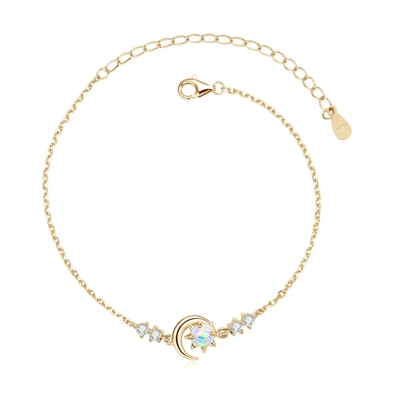 Anziw Fashion White Opal Sun and Moon Bracelet Real 925 Silver Chain-losil