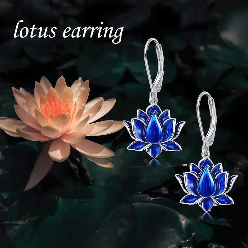 Huitan Chic Blue Lotus Pendant Earrings for Women Fashion Personality Accessories for-losil