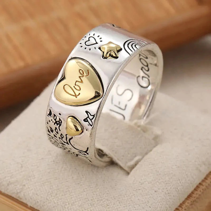 Huitan Two Tone Heart Rings for Women Carved Star Sun Tree Horse-losil
