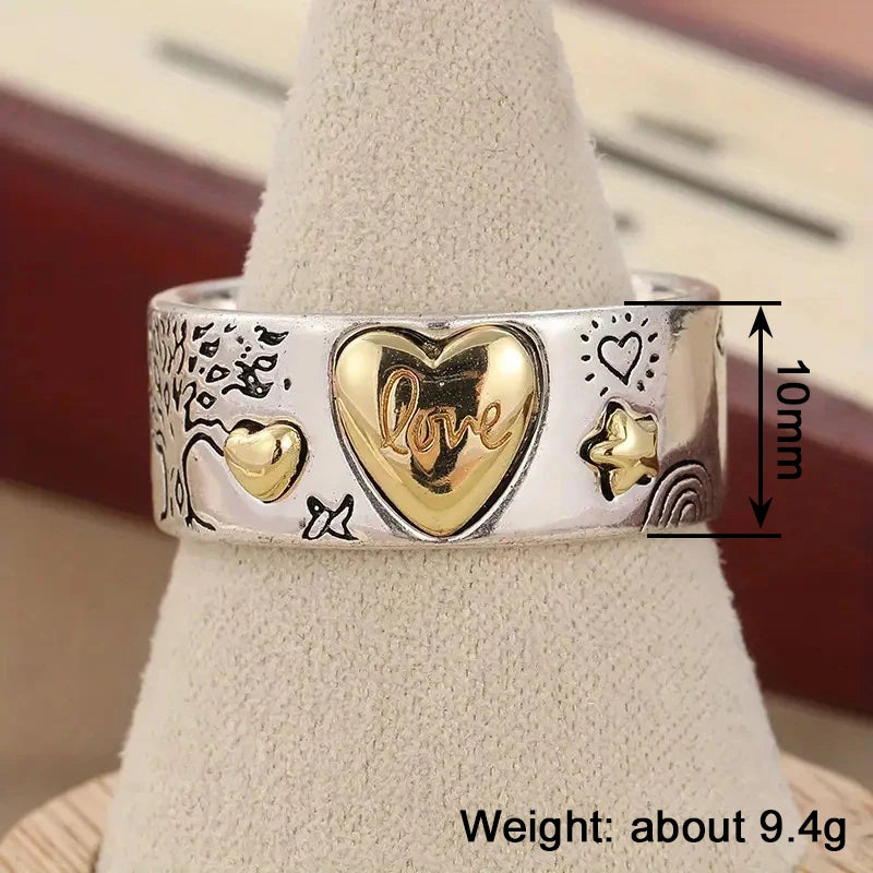 Huitan Two Tone Heart Rings for Women Carved Star Sun Tree Horse-losil