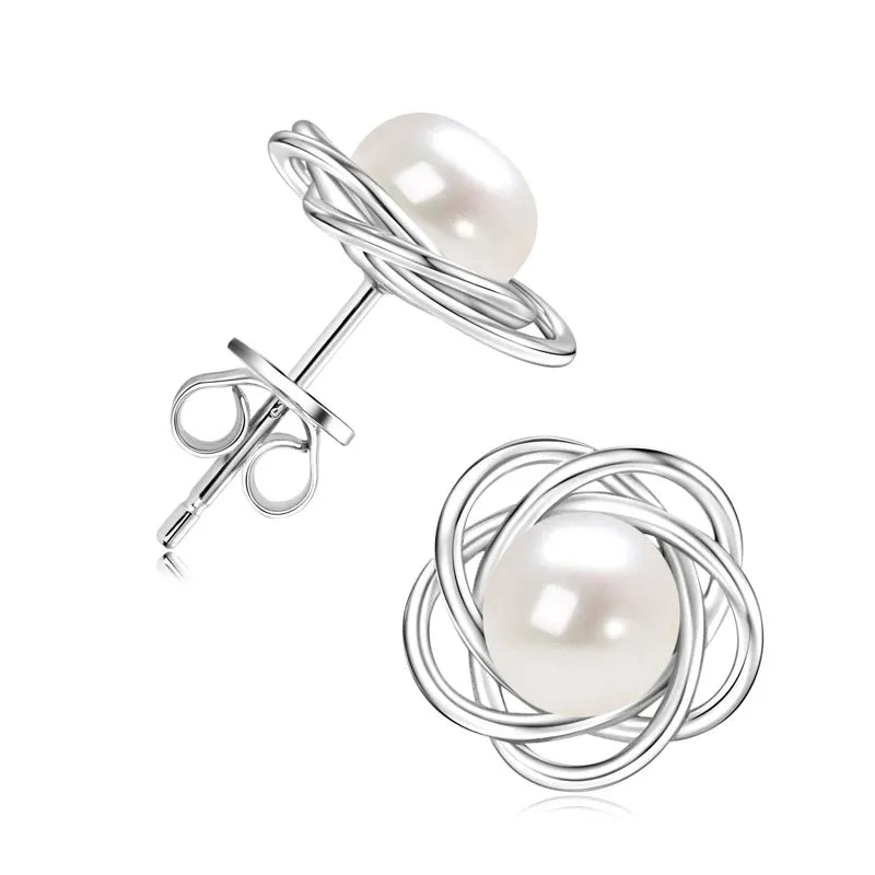 Anziw 100% 925 Sterling Silver 6.5-7mm Natural Freshwater Pearl Flower Stud Earrings-losil