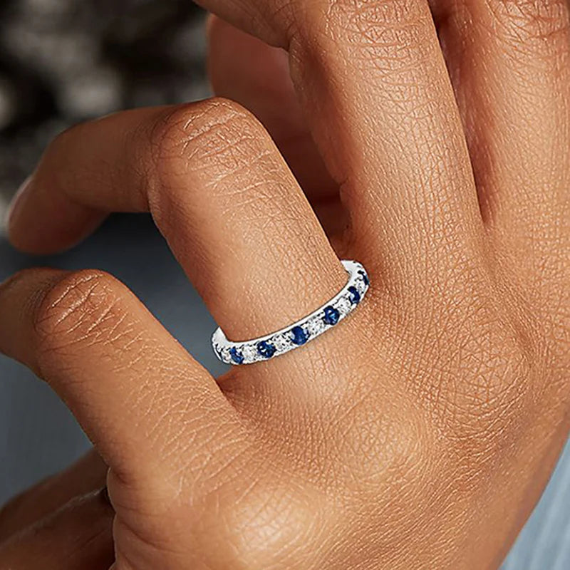 Huitan Round Thin Rings with Blue/White CZ Stone for Women Simple Stylish-losil