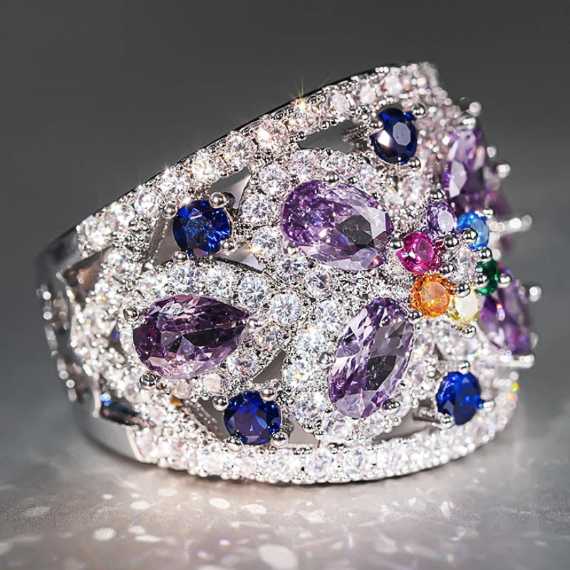 Huitan Colorful Cubic Zirconia Finger Ring Female Luxury Anniversary Accessories Exquisite Engagement-losil