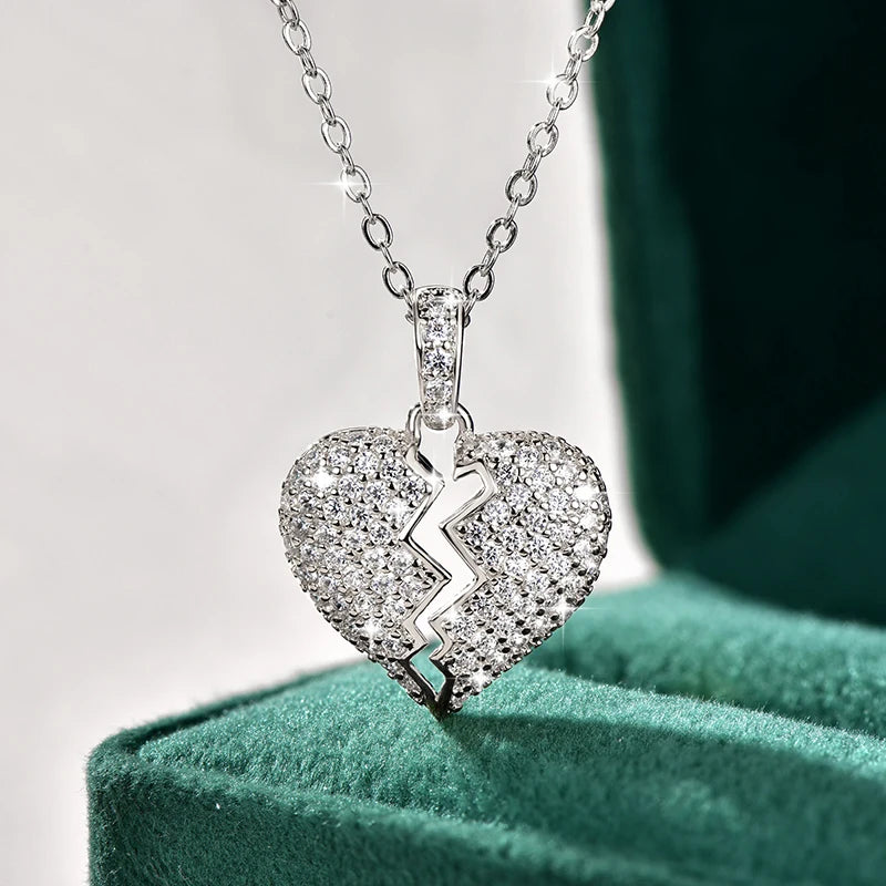 Anziw Cubic Zirconia Broken Heart Pendant Necklace Cracked Heart Iced Out Pendant-losil