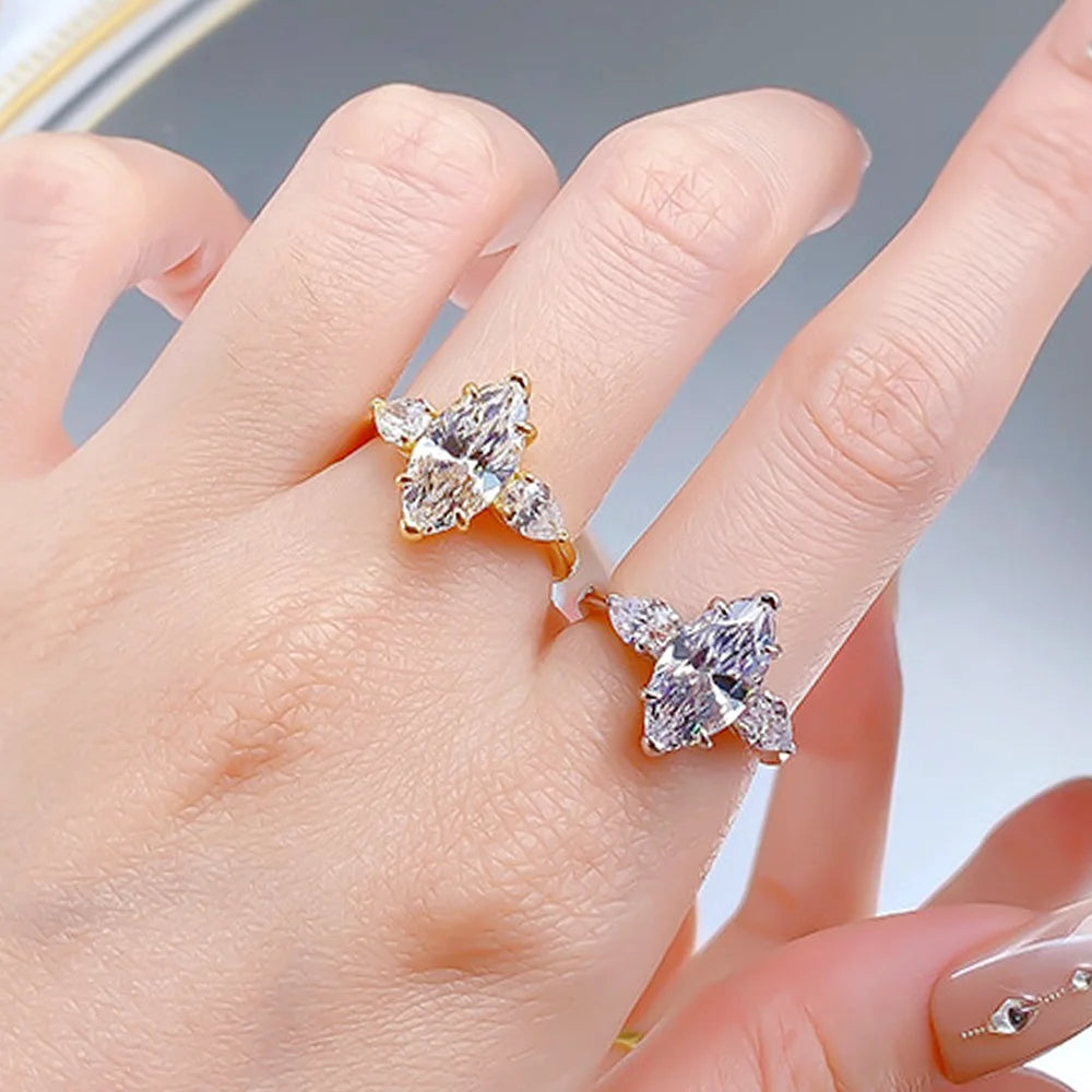 OEVAS 3CT 7*14mm Marquise Cut Zircon Ring For Women 100% S925 Silver-losil