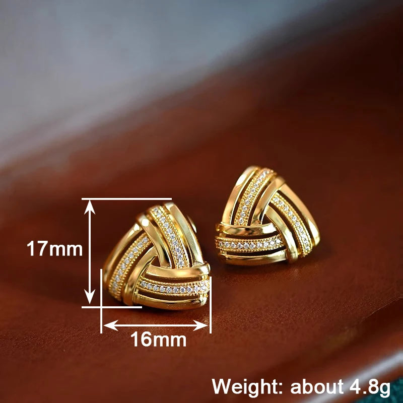 Huitan Triangular Stud Earrings with Sparkling CZ Gold Color Geometric Knot Ear-losil