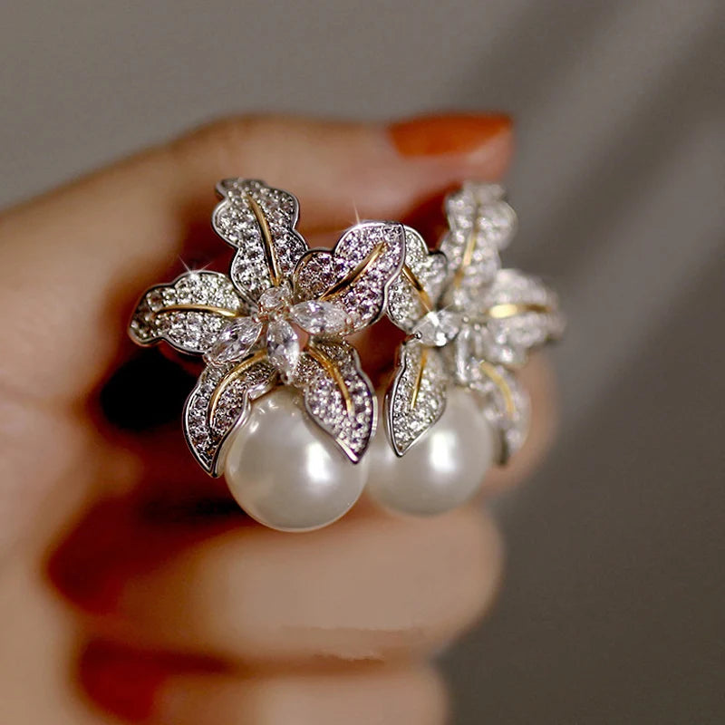 Huitan Hot Two Tone Flower Simulated Pearl Earrings for Women Aesthetic Lady's-losil