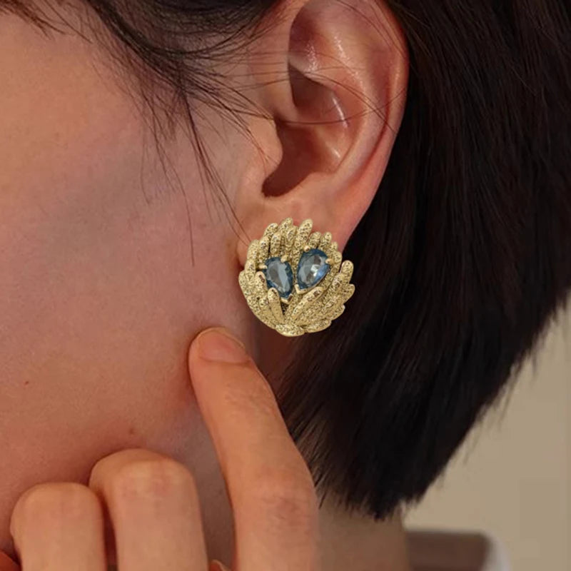 Huitan Dainty Stud Earrings with Blue Cubic Zirconia Unique Irregular Design Piercing-losil