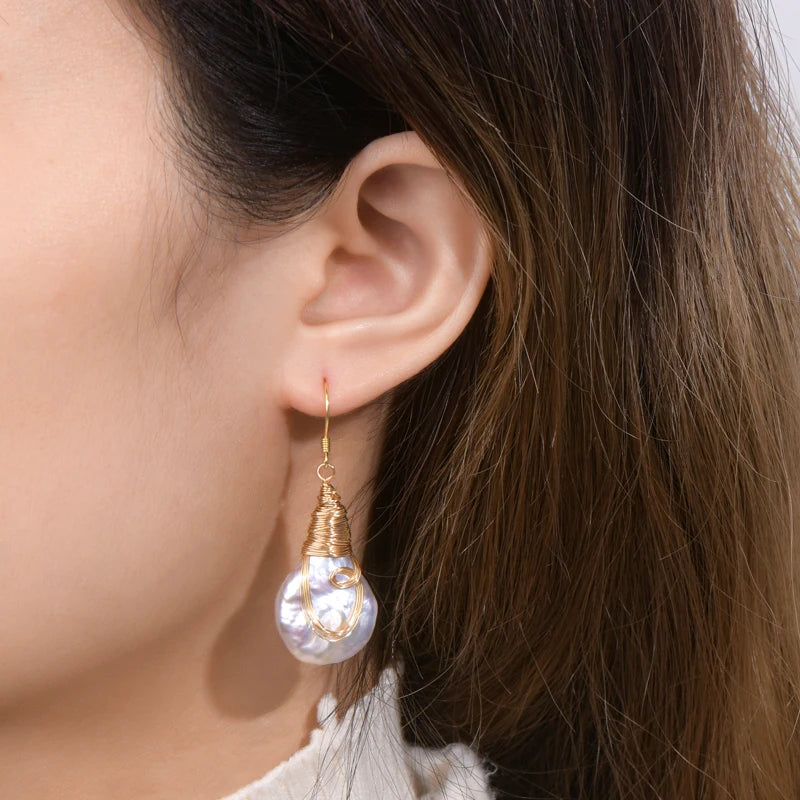Anziw Natural Large Baroque Pearl Drop Earrings 925 Silver Handmade Wire Wrap-losil