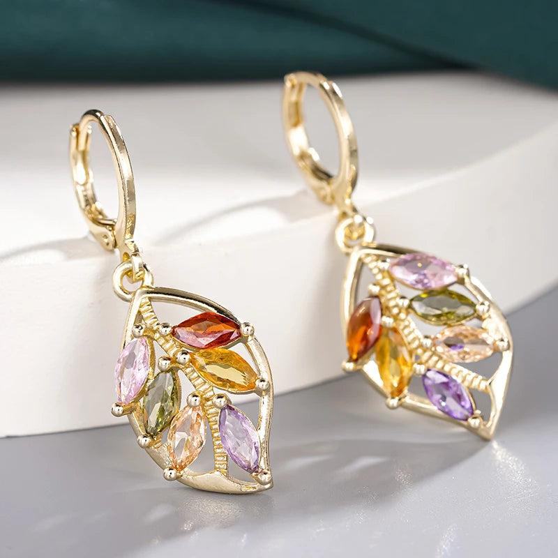 Huitan Brilliant Leaves Drop Earrings with Colorful CZ Graceful Charming Ear Accessories-losil