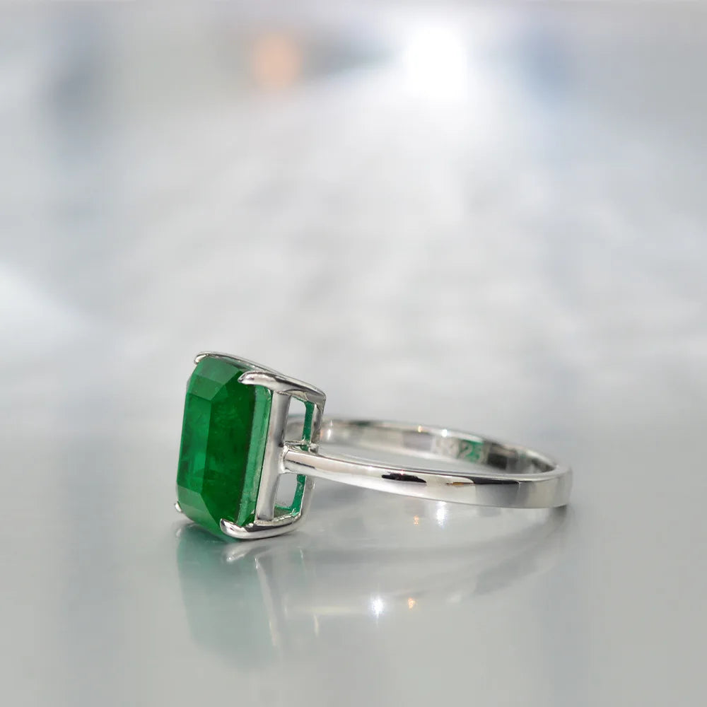 OEVAS Solid 925 Sterling Silver 4 Carat Emerald High Carbon Diamond Rings-losil
