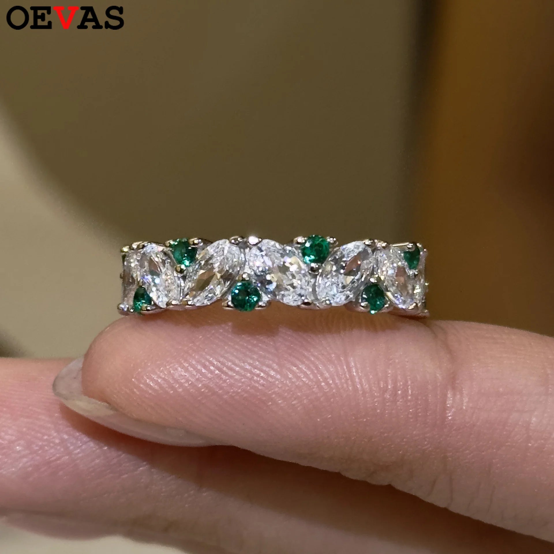 OEVAS Oval Sparkling White Green High Carbon Diamond Rings 100% 925 Sterling-losil