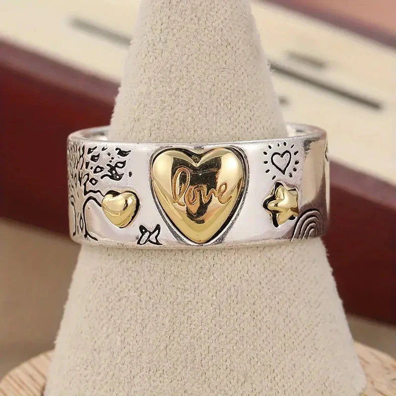Huitan Two Tone Heart Rings for Women Carved Star Sun Tree Horse-losil