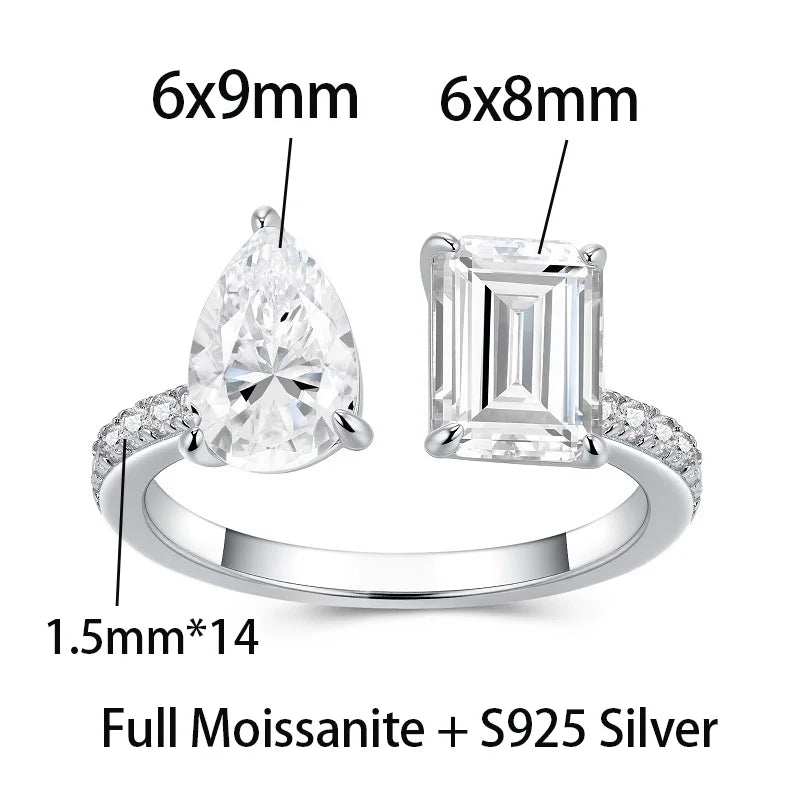 OEVAS D Color 2-Stone Full Moissanite Rings 100% S925 Silver Open Ring-losil