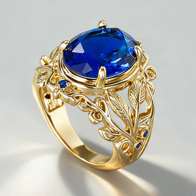 Huitan Creative Blue Cubic Zirconia Rings for Women Stylish Noble Leaf Design-losil